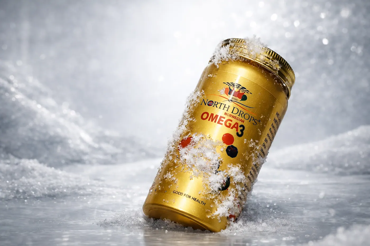 North Drops Omega-3 bottle on an icy surface