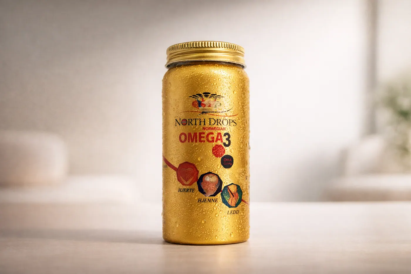 North Drops Omega-3 bottle in a bright room