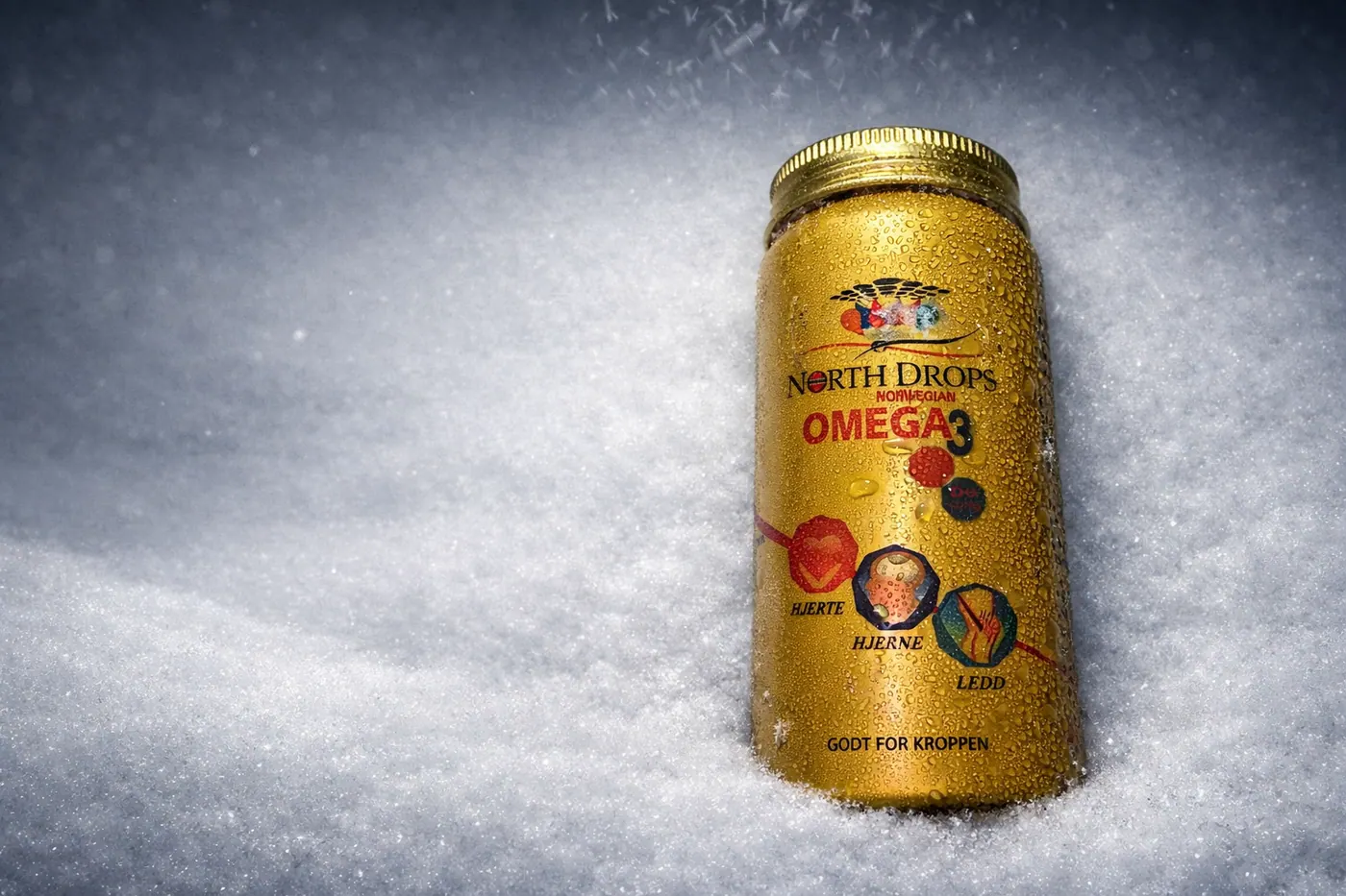 North Drops Omega-3 bottle in falling snow