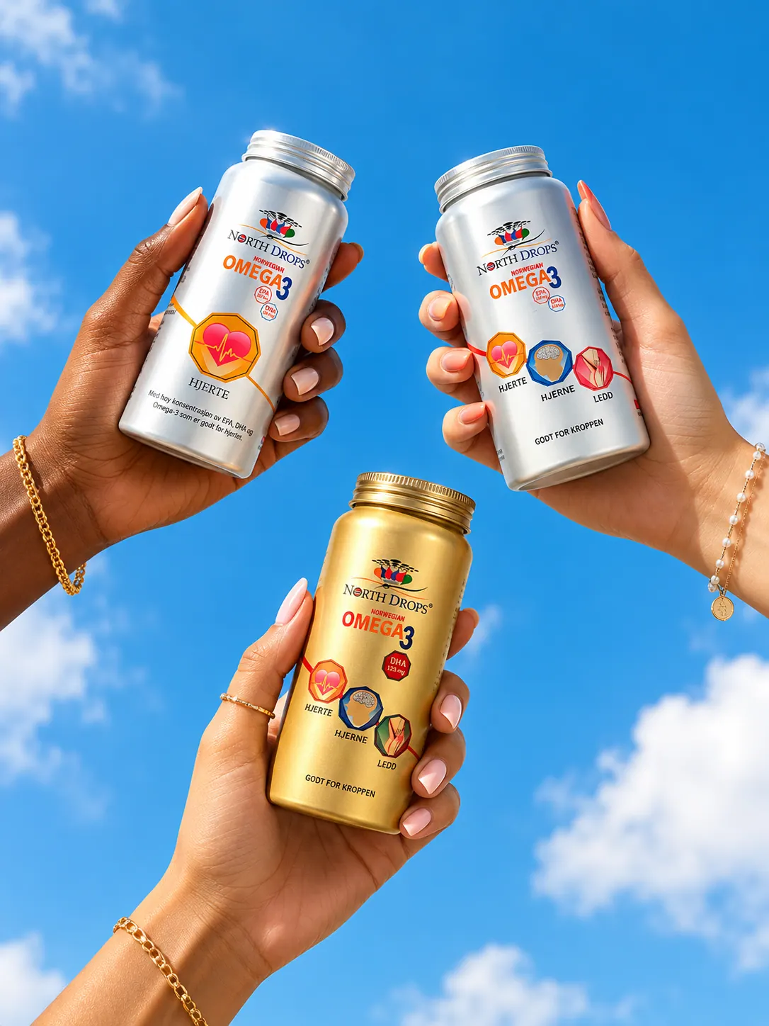 Three hands raising North Drops Omega-3 bottles to a blue sky